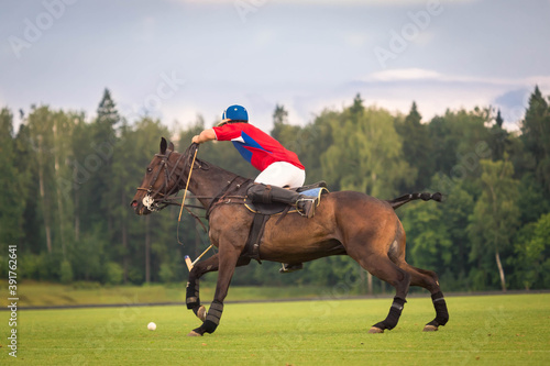 A horse polo player gallops into the attack with a hammer in his hand.