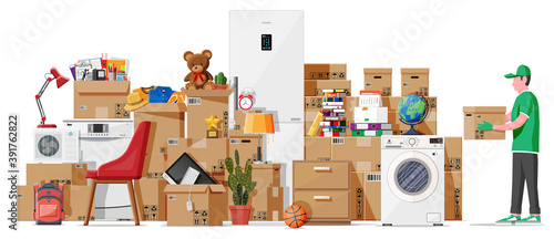 Moving to new house. Family relocated to new home. Male mover, paper cardboard boxes with goods. Package for transportation. Electronics, clothes, home appliances, furniture. Flat vector illustration