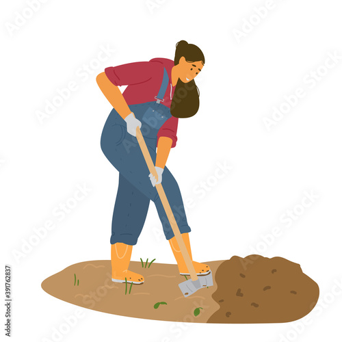 Woman Farmer In Overall Digging With Shovel. Flat Vector Illustration.