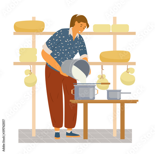 Woman Farmer Making Cheese. Flat Vector Illustration.