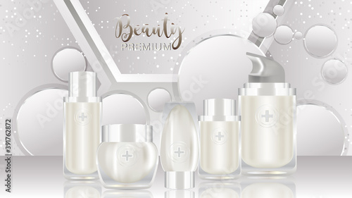 Beauty product ad design, white cosmetic containers with collagen solution advertising background ready to use, luxury skin care banner, illustration vector.