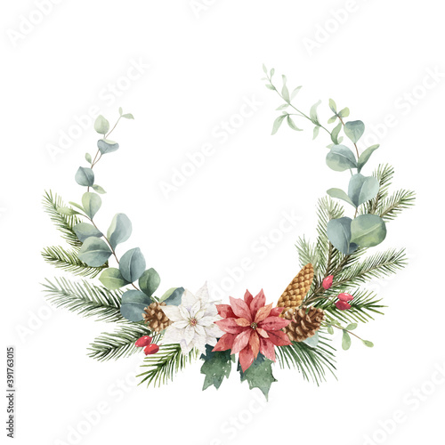 Watercolor vector Christmas wreath with fir branches, poinsettia and eucalyptus.