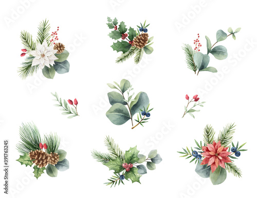 Watercolor vector Christmas set of bouquets.