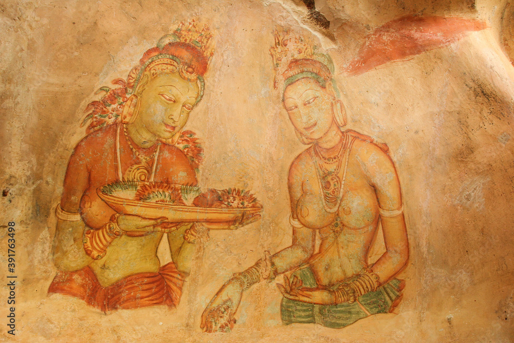Sigiriya, Sri Lanka murals rock paintings Damsels, 5th century frescoes 