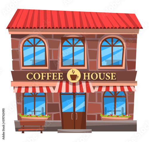 Coffee house vector, exterior of building with signboard and coffee sign. Shop facade with tent and flower decoration outdoors. Isolated house with vintage style windows and entrance illustration