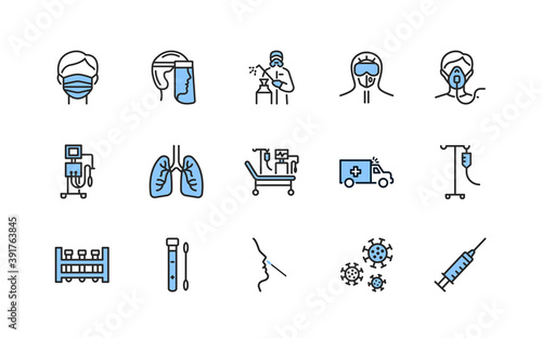 Covid-19 protection and medical test to detect it flat line icons set blue color. Vector illustration included artificial lung ventilation, on faces in ppe. Editable strokes.