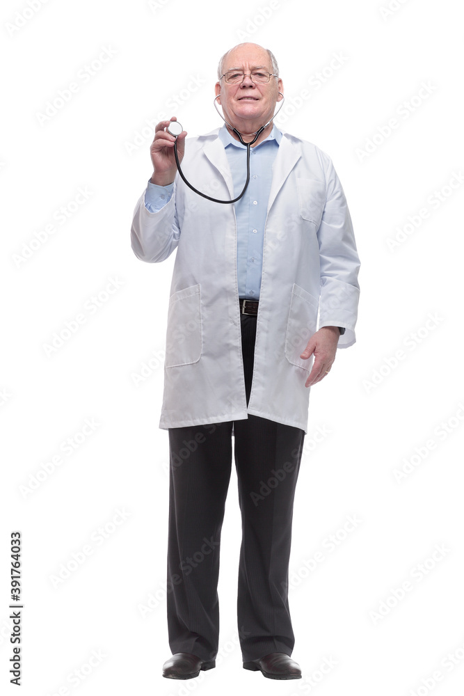 in full growth. paramedic with a stethoscope looking at you in full growth. paramedic with a stethoscope looking at you