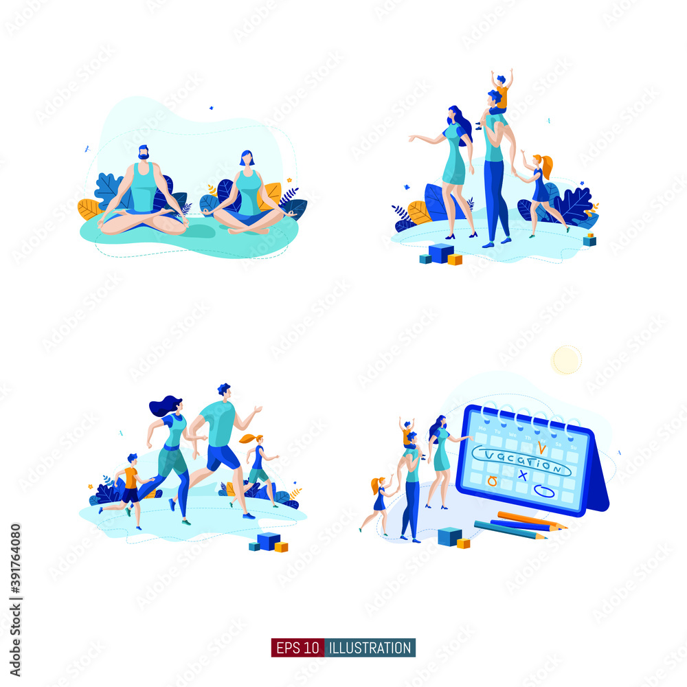 Trendy flat illustration set. Yoga lifestyle. Happy family. Sport time. Time to travel. Template for your design works. Vector graphics. Trendy flat illustration set. Yoga lifestyle. Happy family. Sport time. Time to travel. Template for your design works. Vector graphics.