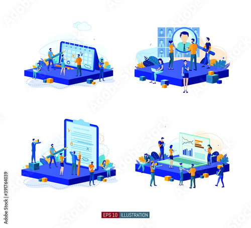 Trendy flat illustration set. Teamwork metaphor concept. Office workers planing business mechanism, analyze business strategy and exchange ideas. Template for your design works. Vector graphics.