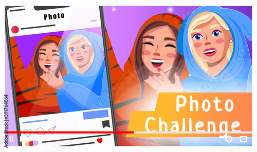 Two young beautiful girls in funny costumes take selfie via smartphone. Like photo, challenge photo, instagram. Bloggers make videos for subscribers. Blogger, streamer. Educational master class online
