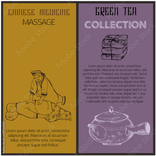 Chinese medicine banners, sketch ink pen vector illustration. Massage, medical plants in pot. Alternative medicine. Chinese pharmacy. photo