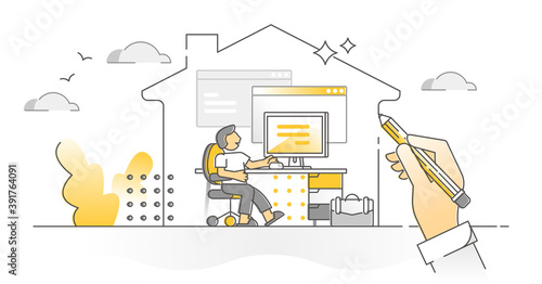 Working from home with distant domestic workplace monocolor outline concept