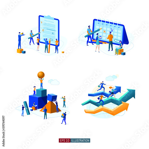 Trendy flat illustration set. Teamwork metaphor concept. Office workers planing business mechanism, analyze business strategy and exchange ideas. Template for your design works. Vector graphics.