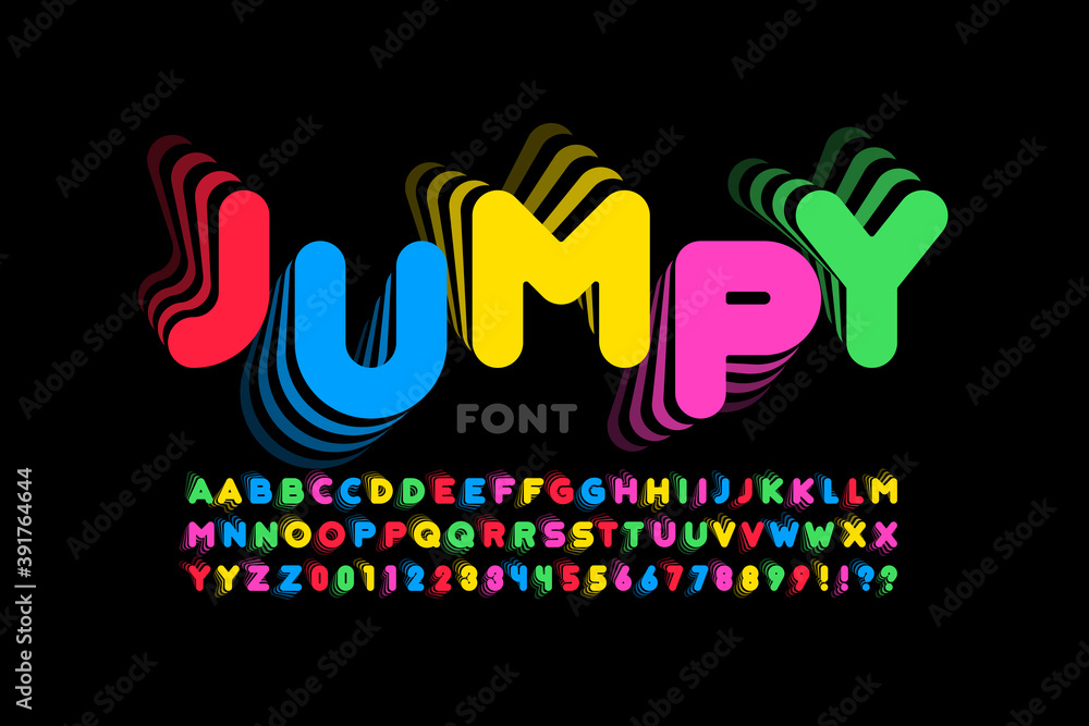 Jumping style font design, alphabet letters and numbers vector illustration - obrazy, fototapety, plakaty 
