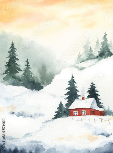 Watercolor vector Christmas card with winter landscape and house.