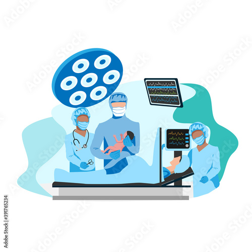 The doctor and nurses perform a caesarean section under epidural anesthesia. Surgery. Obstetrics and gynecology. Thanks to the doctors and nurses. Birth of a child. Vector template illustration.