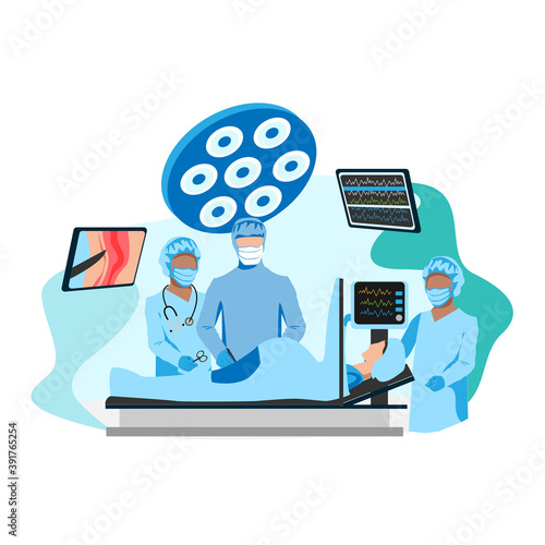 The doctor and nurses perform a caesarean section under epidural anesthesia. Surgery. Obstetrics and gynecology. Thanks to the doctors and nurses. Birth of a child. Vector template illustration.
