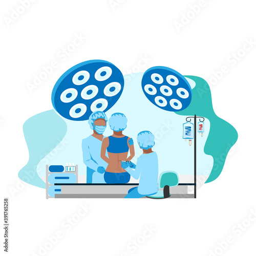 The doctor and nurse give an epidural in the operating room. Surgery. Obstetrics and gynecology. Thanks to the doctors and nurses. Vector template illustration.