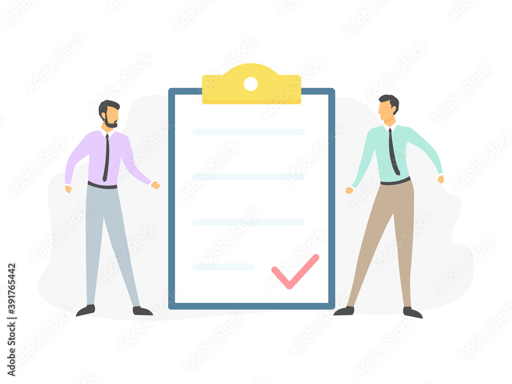 Obraz premium Small people showing and discussing data. Page with check mark. Success well done work. Teamwork concept. Vector illustration isolated on white.