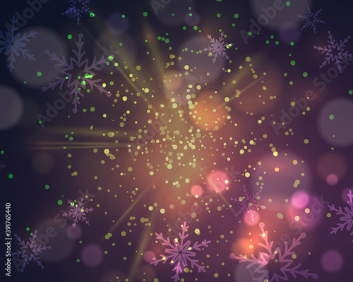 Golden dust vector firework explosion with snowflakes and bokeh. Abstract Holiday Light Rays. Christmas design, decor, background. Vector illustration.
