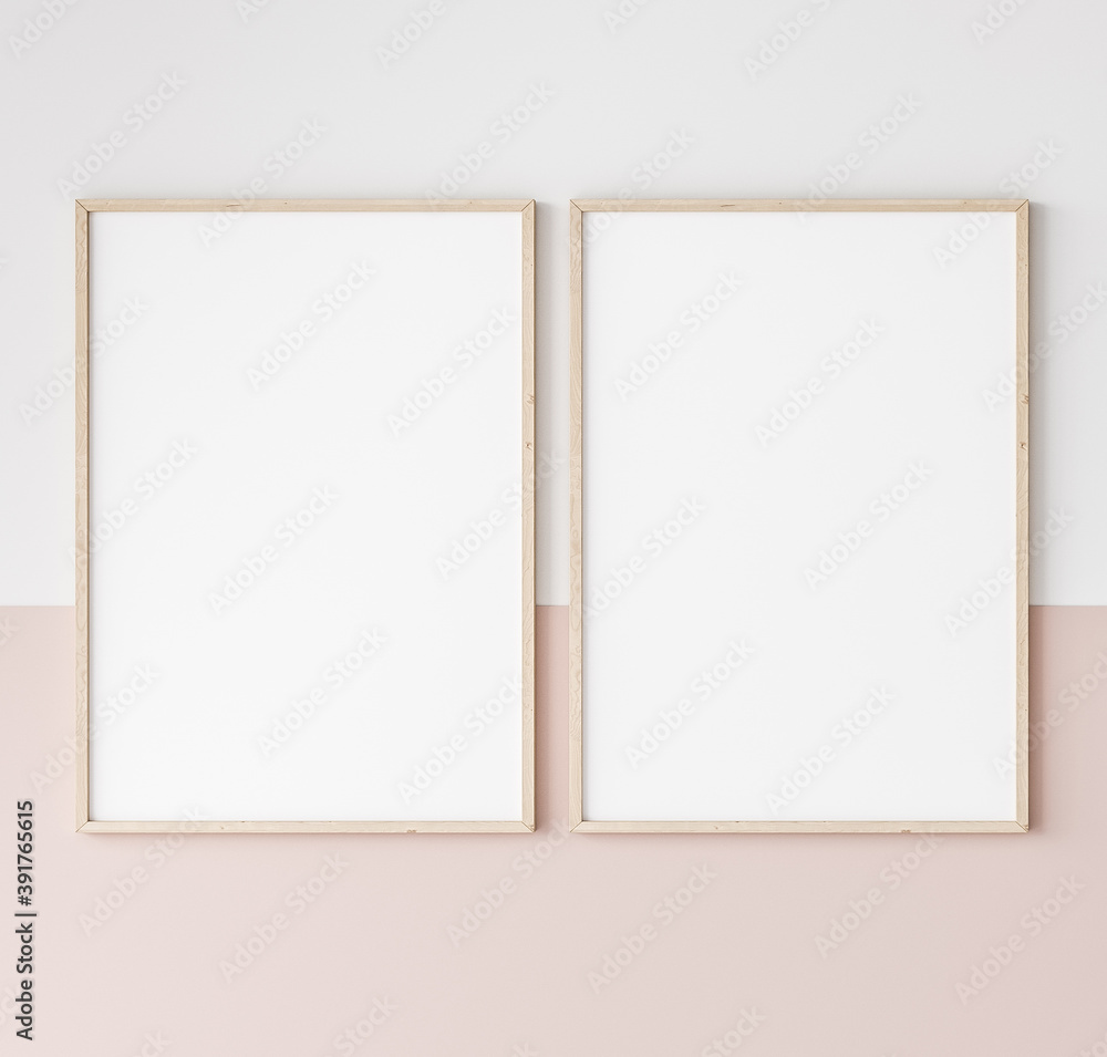 two wooden frames on pink and white wall, frame mockup, 3d render two wooden frames on pink and white wall, frame mockup, 3d render