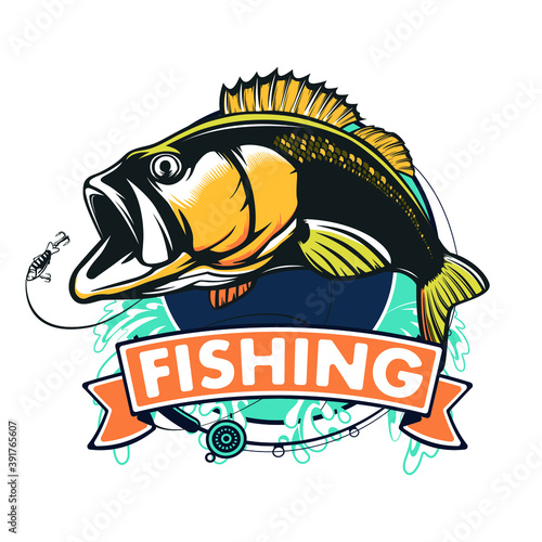 Fishing bass logo. Bass fish with rod club emblem. Fishing theme illustration. Fish Isolated on white.