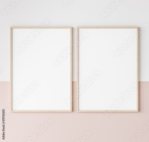 two wooden frames on pink and white wall, frame mockup, 3d render	