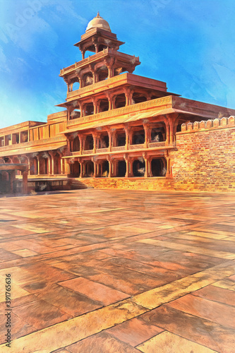 Colorful painting of Panch Mahal palace Fatehpur Sikri India photo