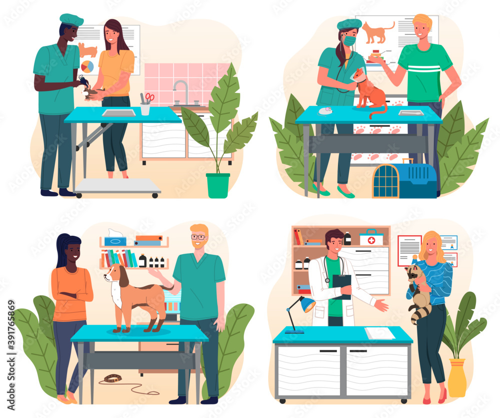 Set of illustrations on veterinary theme. Veterinarian s office with surgical or examination table. Treat pets. Consultation with vets. Medical manipulations. Veterinarian and veterinary Nurse Set of illustrations on veterinary theme. Veterinarian s office with surgical or examination table. Treat pets. Consultation with vets. Medical manipulations. Veterinarian and veterinary Nurse