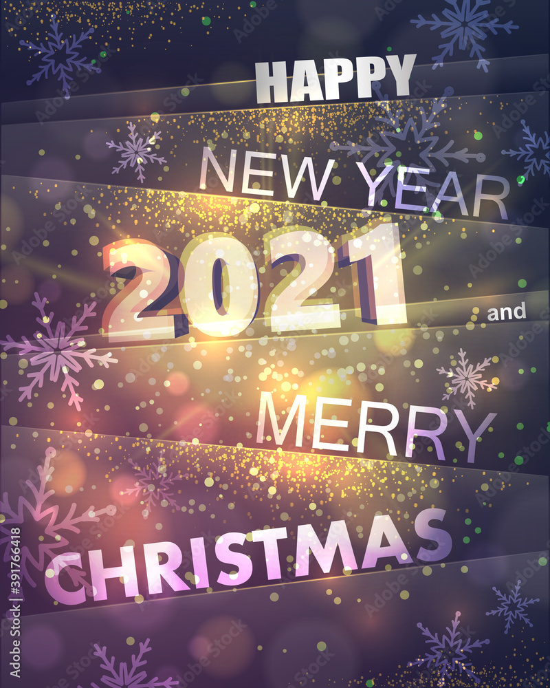 Gold Christmas Party Poster with gold snowflakes and dust, firework explosion. 2021 Happy New Year Flyer, Holiday Greeting Card, Invitation, Menu Design Template. Vector illustration.