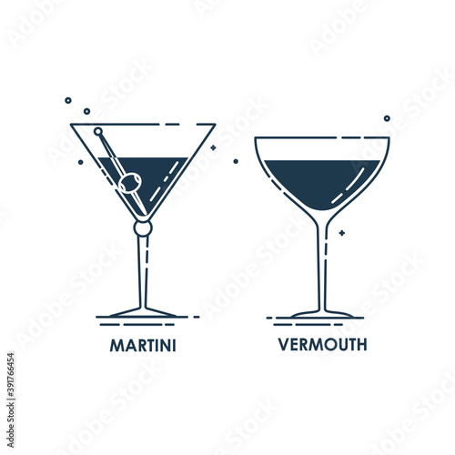 Glassware martini and vermouth line art in flat style. Restaurant alcoholic illustration for celebration design. Contour element. Beverage outline icon. Isolated on white background in graphic style