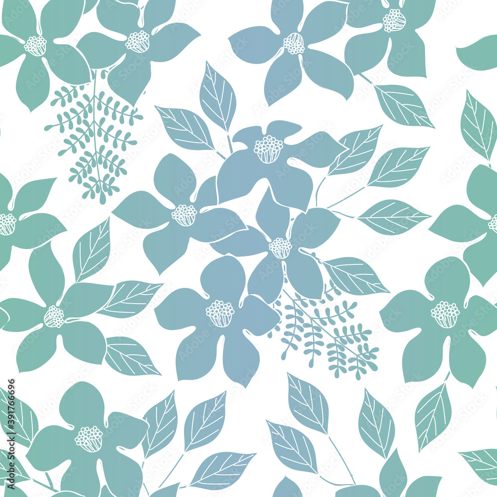 Vector Flowers in Blue Green Aqua Ombre Scattered on White Background Seamless Repeat Pattern. Background for textiles, cards, manufacturing, wallpapers, print, gift wrap and scrapbooking.