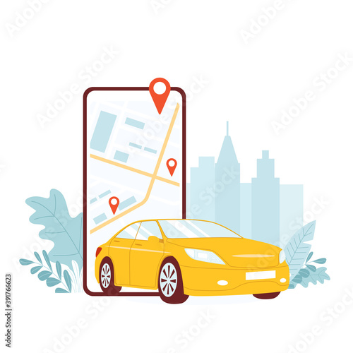The concept of a car sharing application for a smartphone, geolocation on the city map, fast online taxi search, car rental. Isolated on white background vector illustrations.