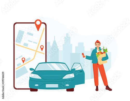 A young woman stands with a grocery bag and uses a car sharing app on her smartphone. The concept of fast online taxi search, car rental in the city. Isolated vector illustrations.