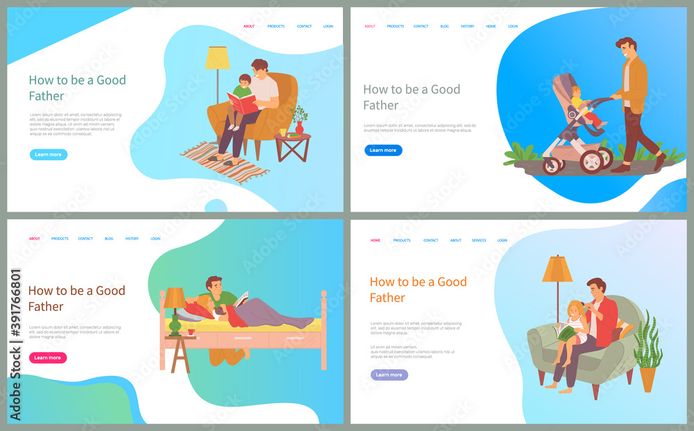 How to be good father vector, child sitting in perambulator, male with pram walking on weekends, care for daughter, bedtime reading and feeding. Website or slider app, concept for Father day How to be good father vector, child sitting in perambulator, male with pram walking on weekends, care for daughter, bedtime reading and feeding. Website or slider app, concept for Father day