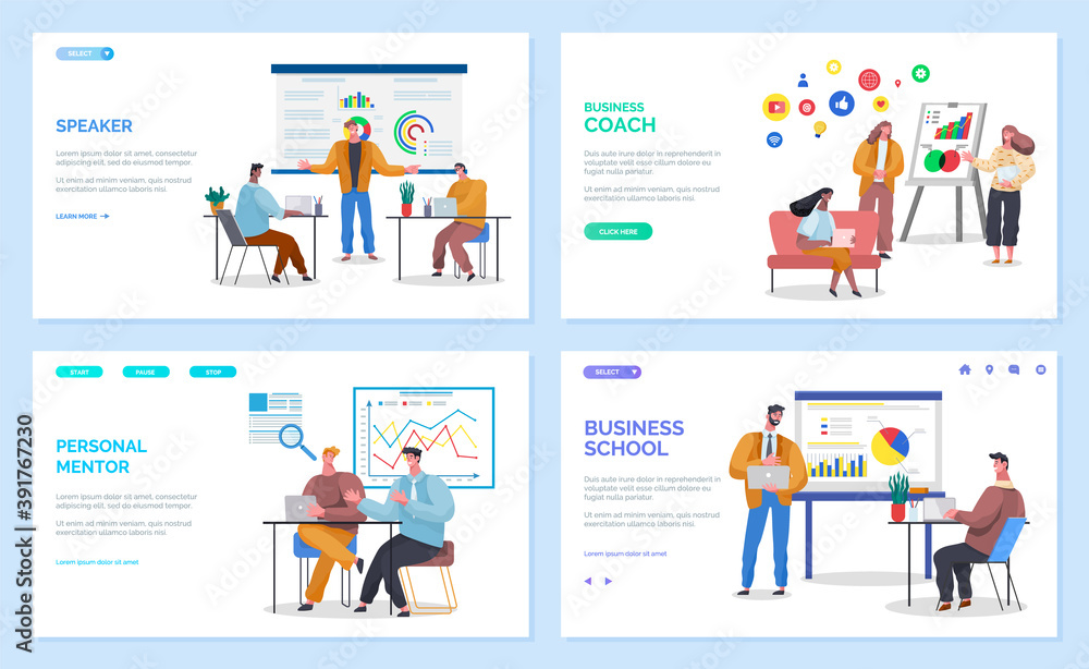 Set of landing business sites pages. Advertising of business trainings, schools, personal mentors. Boards with analytical data, people trained by experienced leaders. Infographic social network icons Set of landing business sites pages. Advertising of business trainings, schools, personal mentors. Boards with analytical data, people trained by experienced leaders. Infographic social network icons