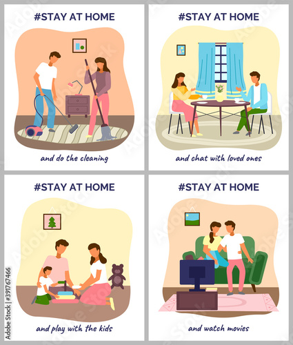 People stay at home. People cleaning, chating with loved ones, playing with kids, watching movies . I stay at home awareness social media campaign and coronavirus prevention. Flat imge illustration
