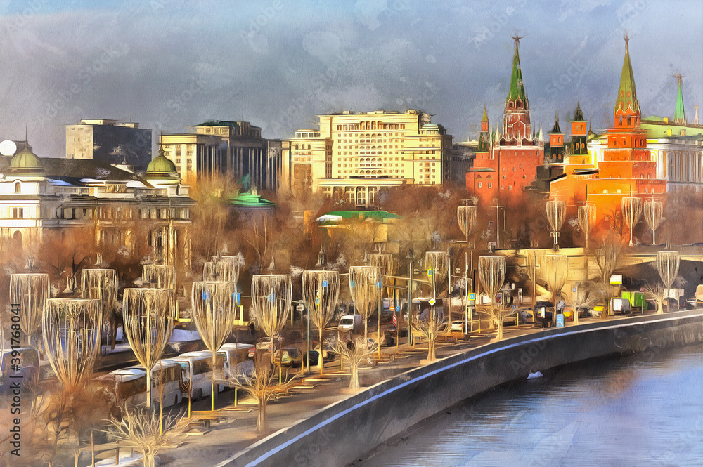 Moscow cityscape with Kremlin and Moskva river colorful painting looks like picture