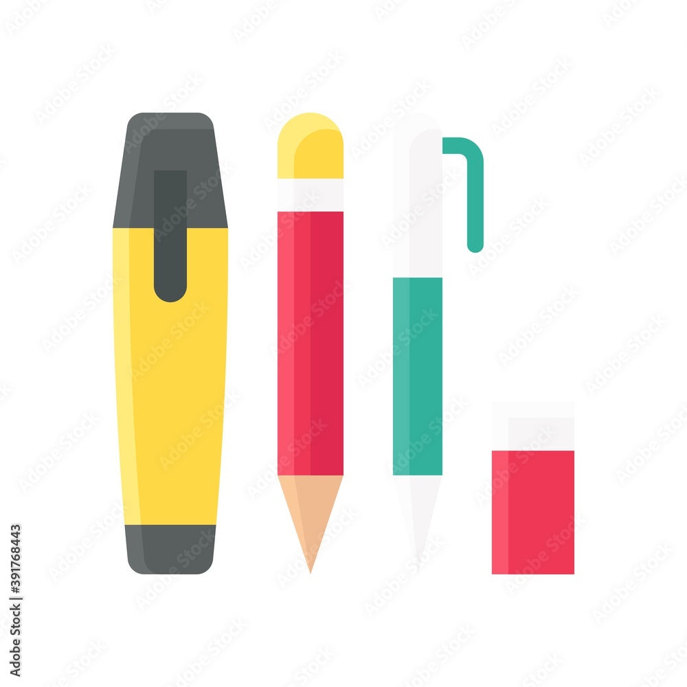 high school related pencil, pen, high light pen and raber vectors in flat style, high school related pencil, pen, high light pen and raber vectors in flat style,