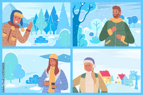 Man and woman wearing jacket and hat warm clothes enjoying view of snowy mountain and wild forest in village. Happy people holding phone and cup traveling near spruce in winter season vector