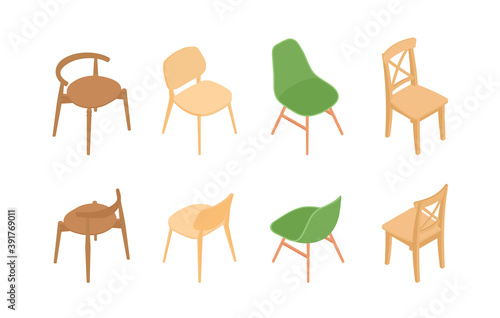 Set of isometric chairs. Vector collection. Illustration in flat design.
