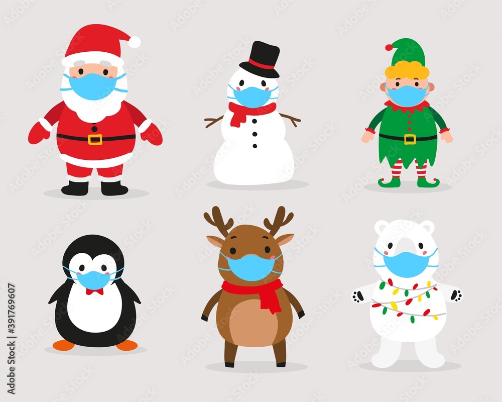 Christmas characters in protective face mask. Cute reindeer, Santa Claus, elf, snowman, penguin and polar beаr.  