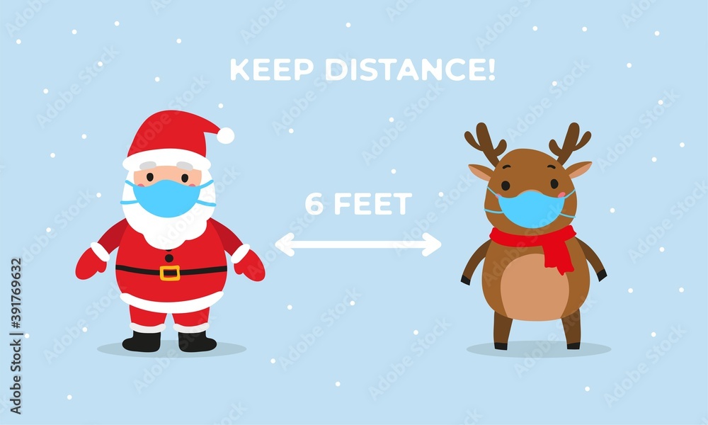 Social distancing concept art for Christmas holidays with Santa Claus and deer in protective face mask Social distancing concept art for Christmas holidays with Santa Claus and deer in protective face mask