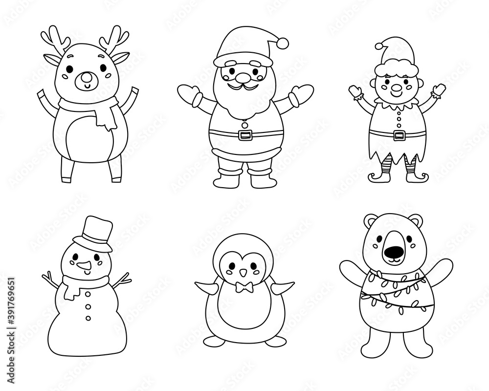 Christmas characters coloring page. Outline reindeer, Santa Claus, elf, snowman, penguin and polar beаr.  