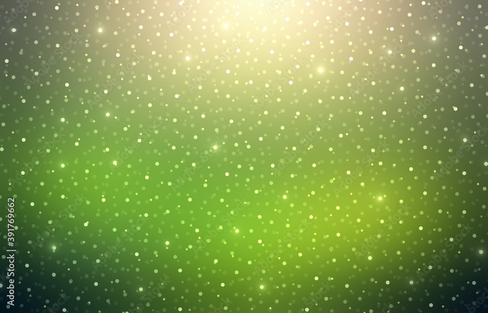 Glittering bokeh on green half transparent shiny blur background. Magical lights outdoor abstract illustration.