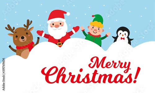 Merry Christmas greeting card with cute reindeer, Santa Claus, elf and penguin  © Marina