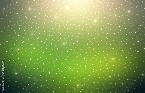 Glittering bokeh on green half transparent shiny blur background. Magical lights outdoor abstract illustration.