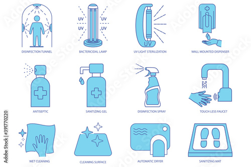 Disinfection icons. Cleaning and sanitizer surface, spray bottle, wash hand gel, UV lamp, sanitizing mat, Touchless faucet and dispenser, disinfection tunnel, dryer, antiseptic. Vector
