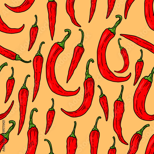 Seamless pattern with chili peppers. Design element for poster, card, banner. Vector illustration