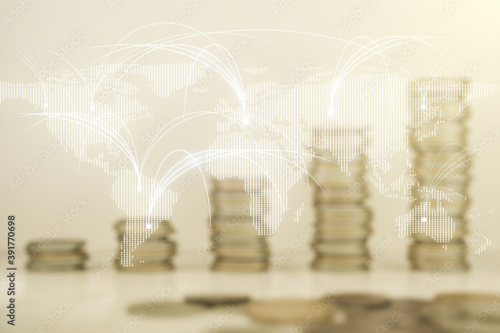 Double exposure of abstract digital world map hologram with connections on growing stacks of coins background, research and strategy concept Double exposure of abstract digital world map hologram with connections on growing stacks of coins background, research and strategy concept